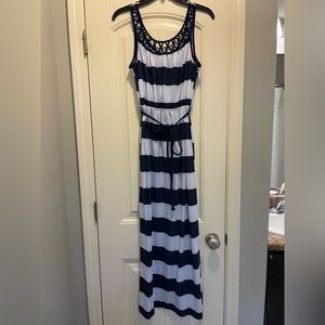 No Boundaries, Juniors Large, White & Navy Blue Striped Women's Maxi Dress